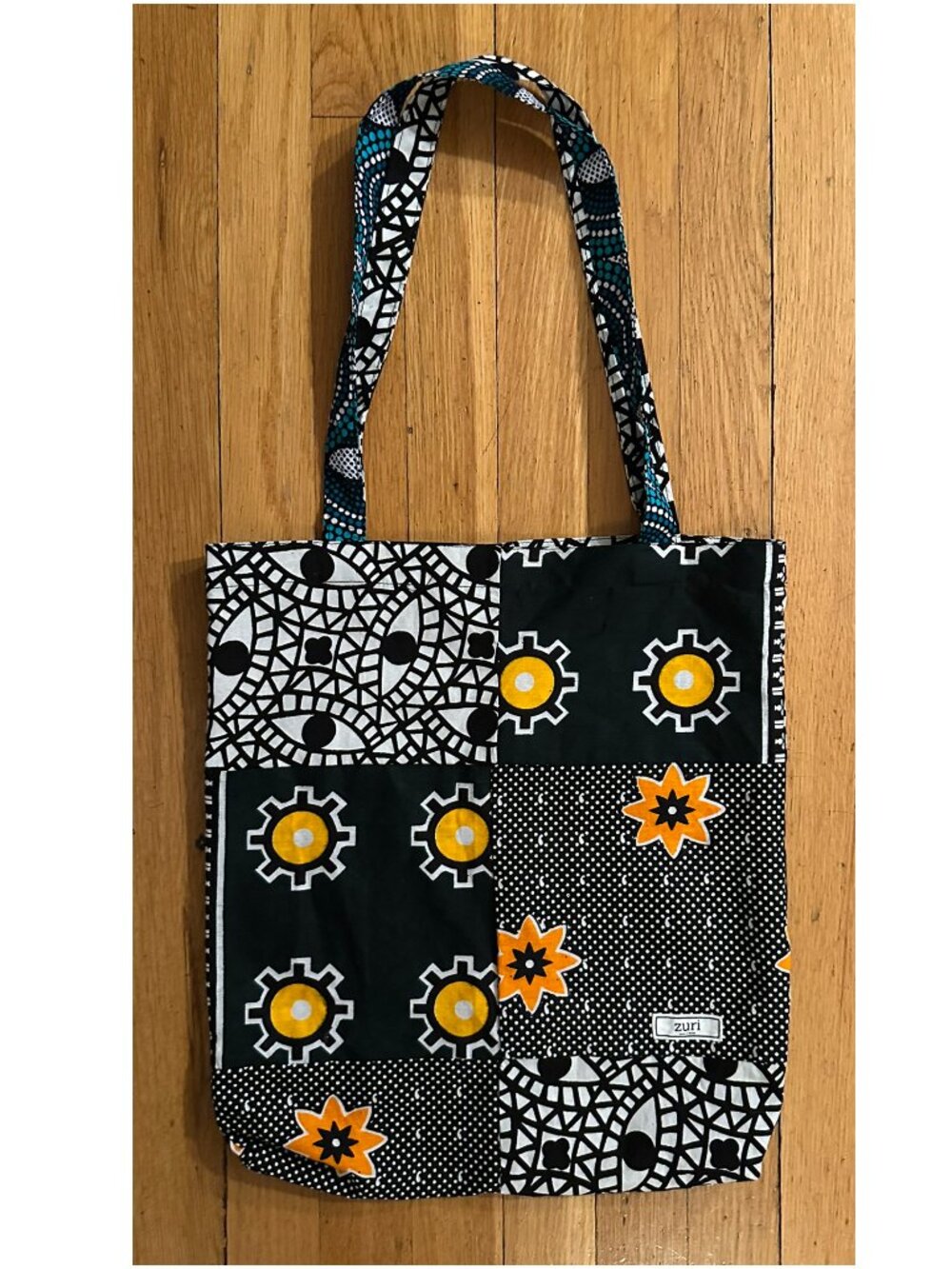 Zuri Patchwork Tote Bag – Black, White & Yellow African Print Tote – New